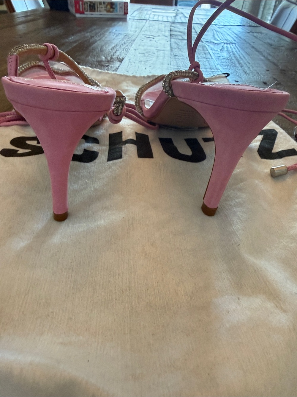 SCHUTZ Pink Suede Lace-Up Heeled Sandals with Crystal Trim - Picture 6 of 7